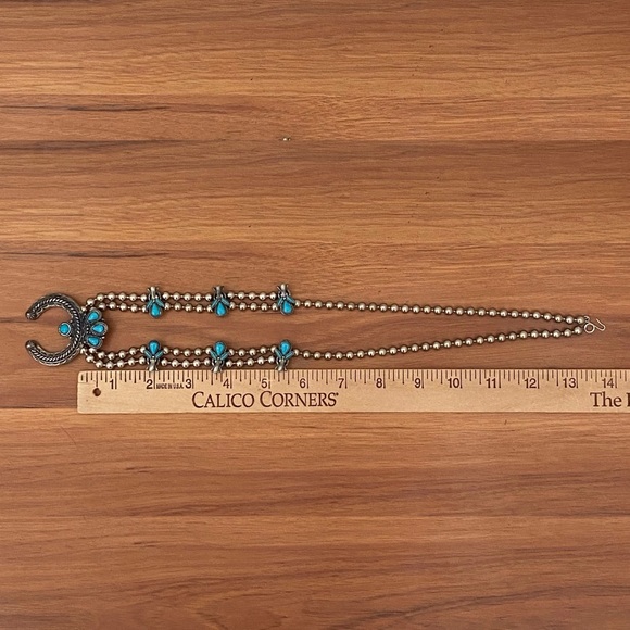 Vintage Faux Turquoise Silver-tone Ball Chain Squash Blossom Boho Necklace - Picture 11 of 12